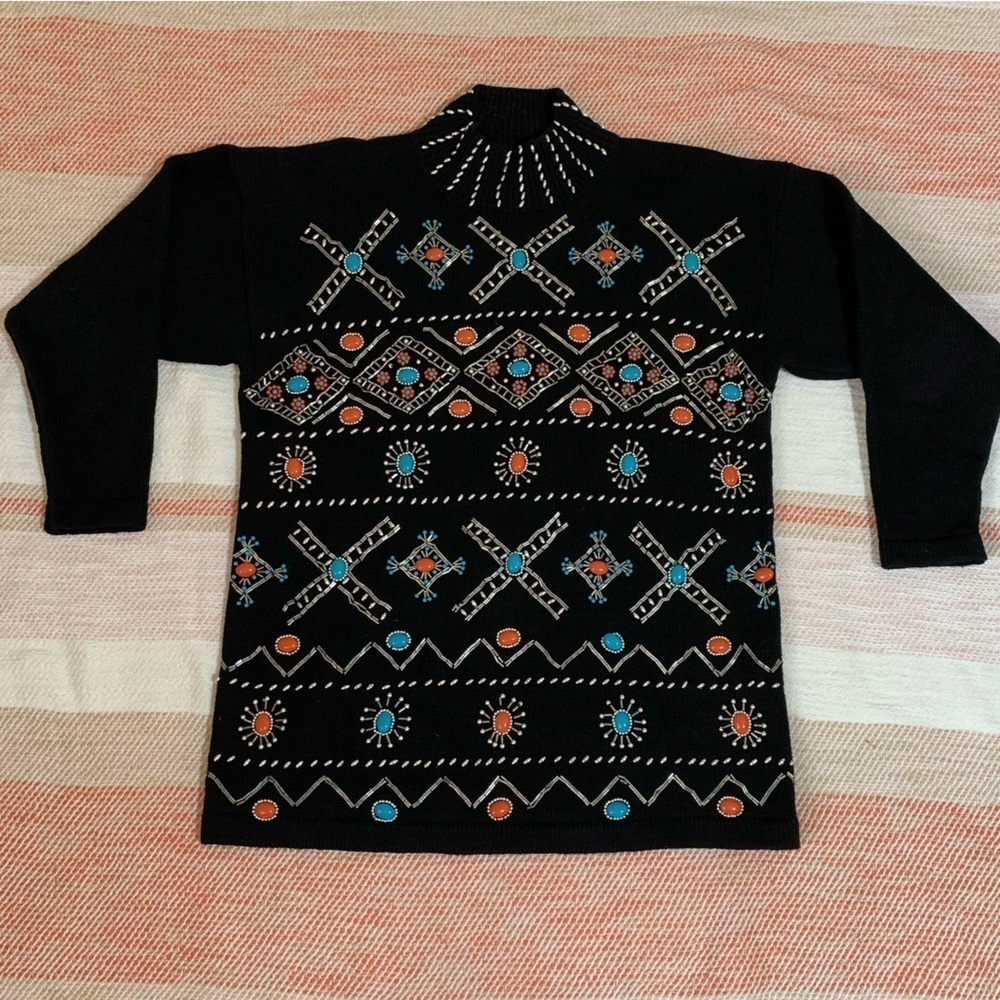 Vintage Victoria Jones Beaded Aztec Tribal Design Long Sleeve Sweater Black MED